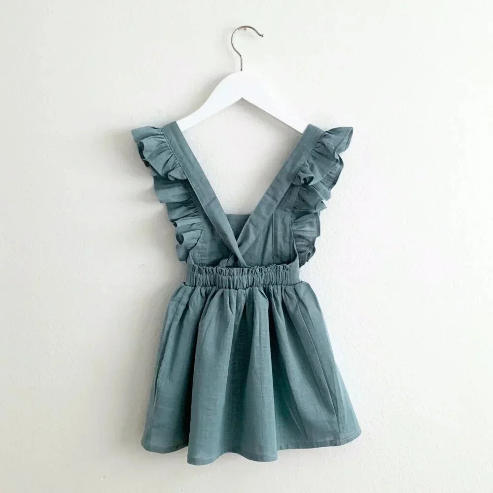 NWT Girls Linen Dress Adorable Bohemian Spring & Summer Cute Boutique Blue 2T - Picture 2 of 3